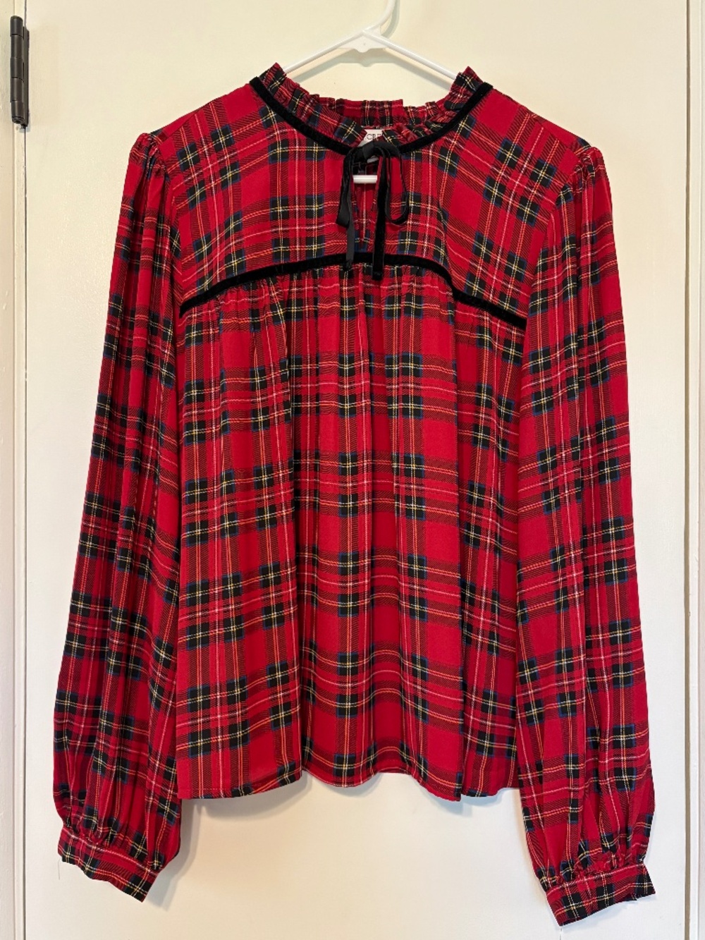 J. Crew #BM006 Women's Red Tartan Plaid Velvet Tie-Neck Shirt Top Blouse XXL/2XL